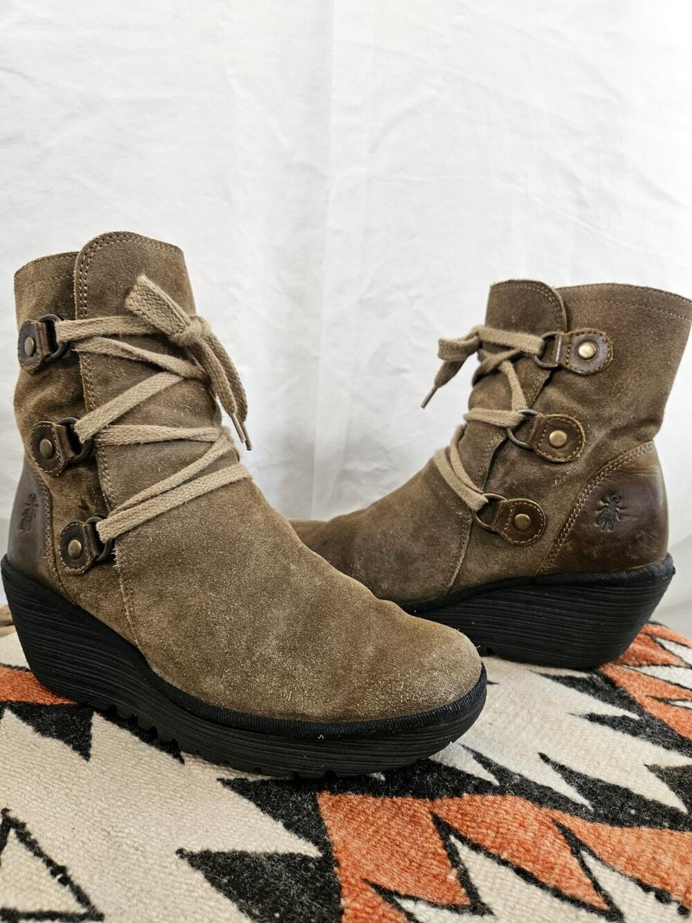 Fly London Yesi Suede Lace Up Wedge Ankle Boots Brown Taupe Womens EU 40 US 9